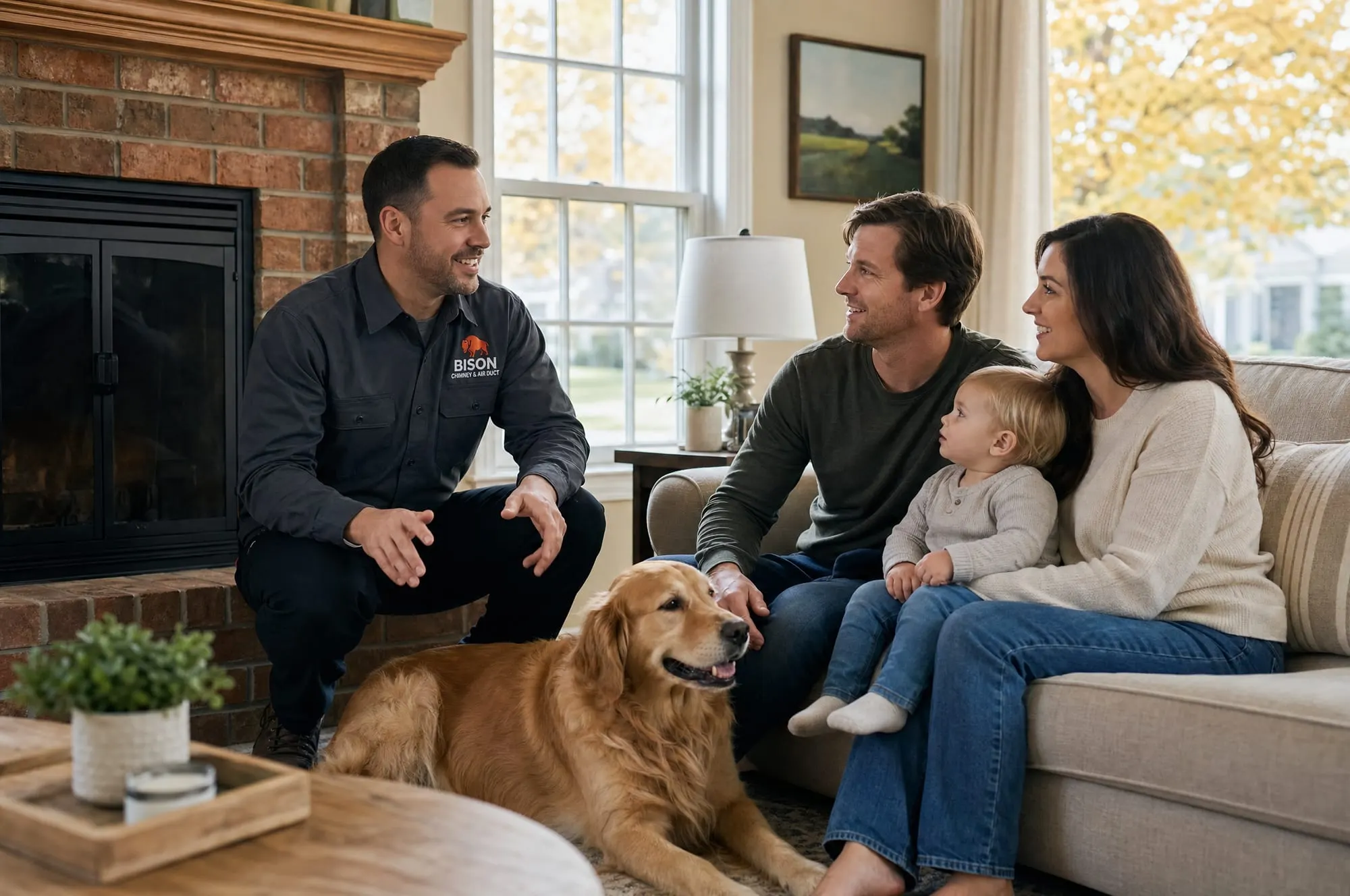 Family in a bright living room with a brick fireplace
