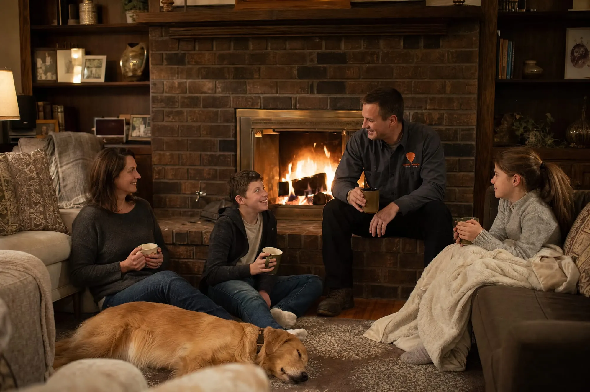 Family relaxing in front of a clean, safe fireplace