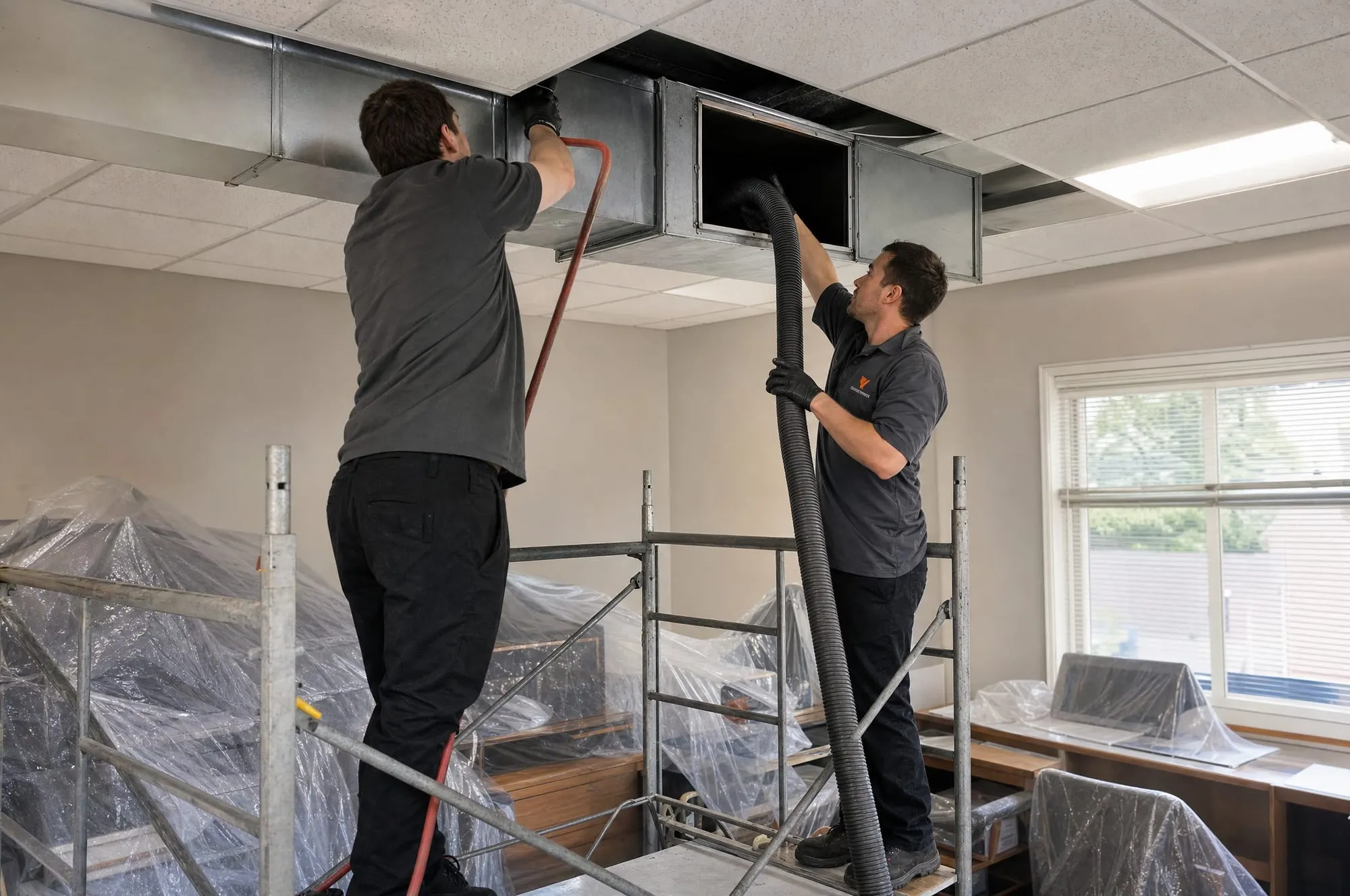 Commercial duct cleaning above an office ceiling