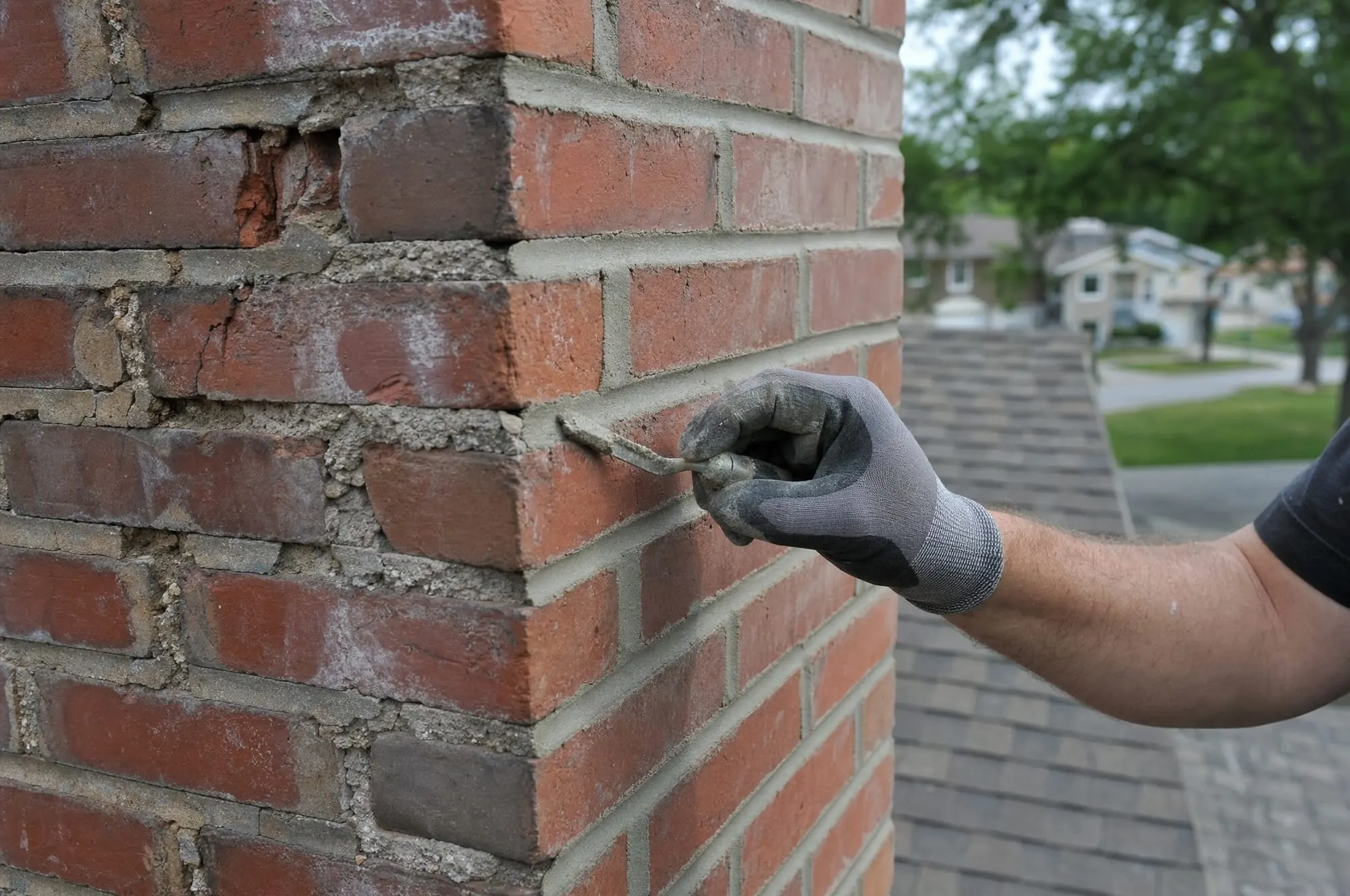 Tuckpointing mortar joints on a brick chimney