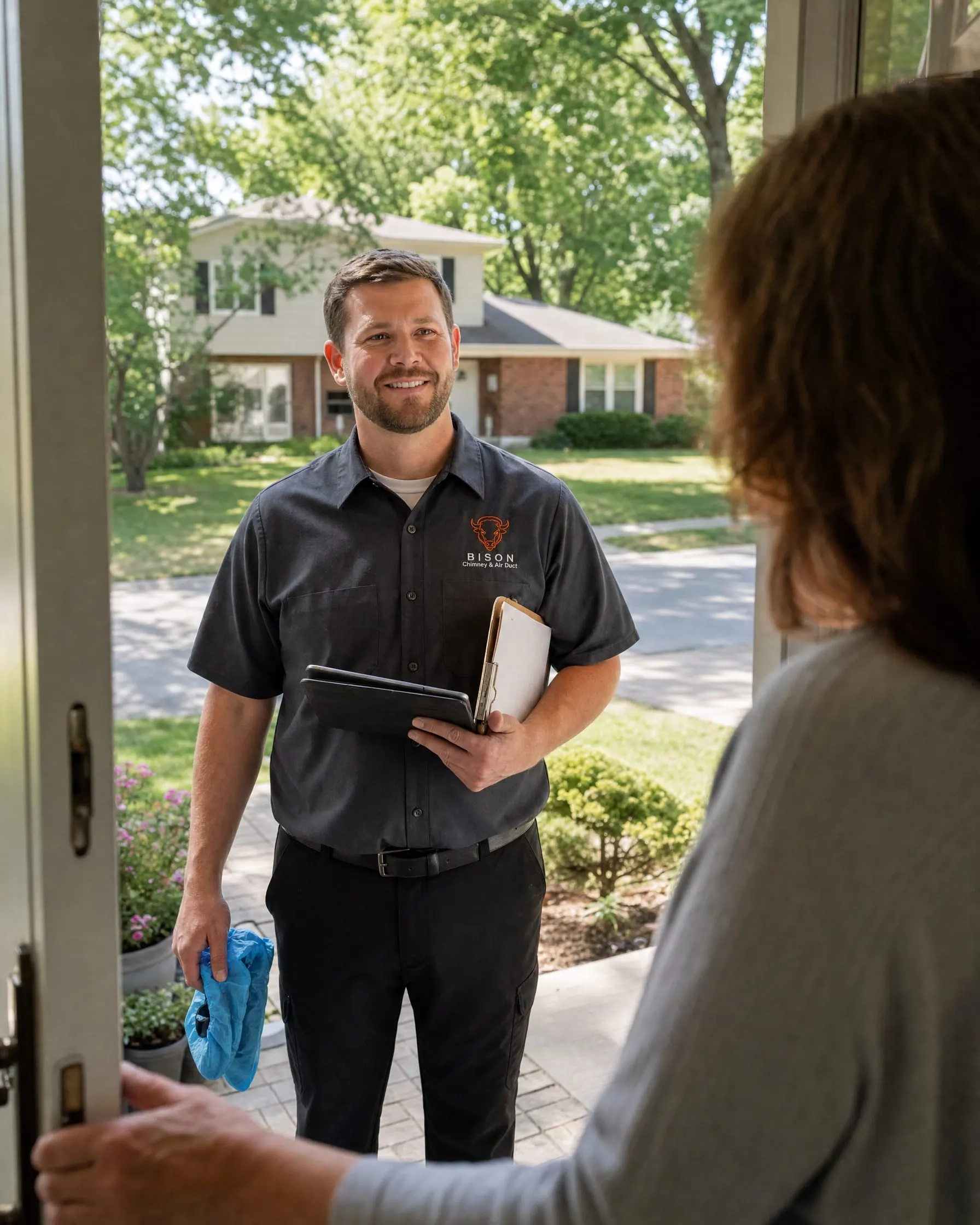 Bison technician greeting a homeowner at the door