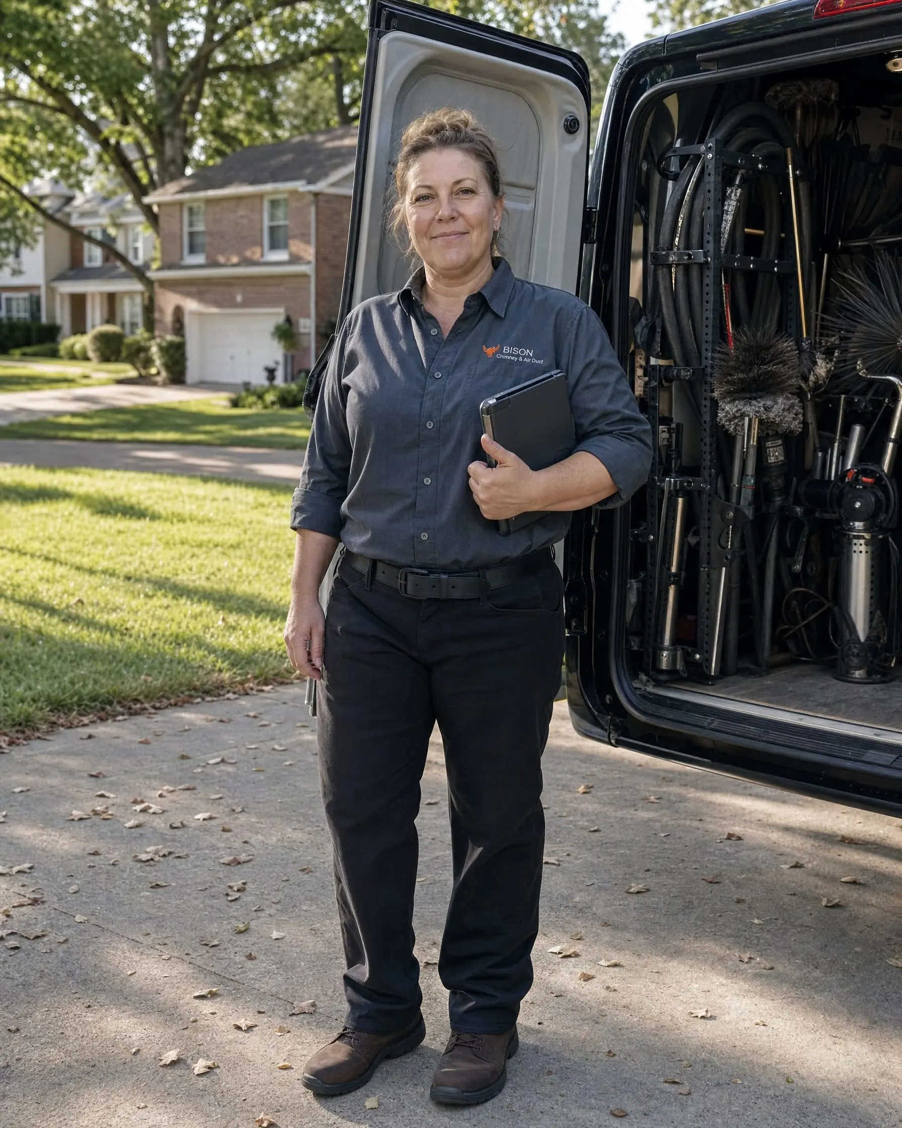 Bison technician beside the service van